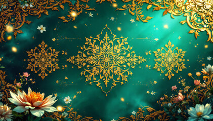 Wall Mural - A repeating pattern featuring intricate floral and star motifs in gold colors. The design includes symmetrical shapes with sharp edges, creating a vibrant and ornate appearance. The background is lig