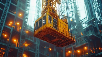 Wall Mural - A heavy crane lifting a large yellow metal structure on a construction site, surrounded by industrial equipment and workers