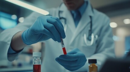 Wall Mural - medical lab technician carefully handling blood sample