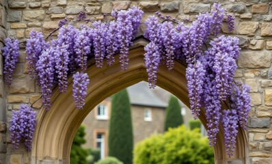 Canvas Print - Beautiful wisteria blooms over stone archway