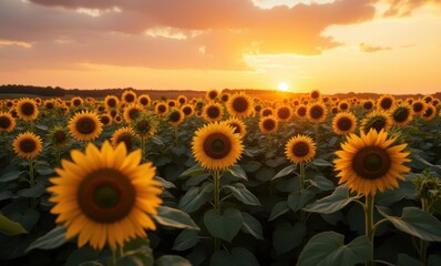 Wall Mural - Vibrant sunflower field at sunset