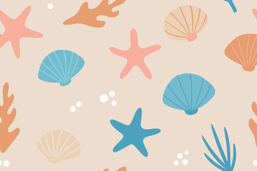 seamless summer beach pattern starfish, shells, coral, pastel
