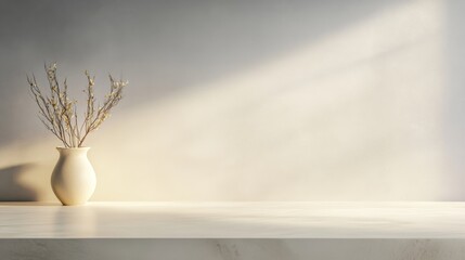 Fototapete - Sunlight illuminates dried flowers in a white vase placed on a white kitchen counter, creating a serene and minimalist atmosphere with ample copy space on the illuminated wall