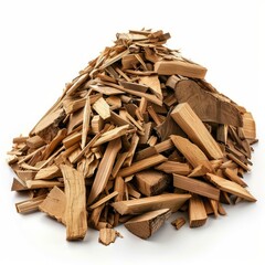 Poster - Wood chips forming a small mountain, isolated on a white background, ideal for concepts related to carpentry, diy, or woodworking