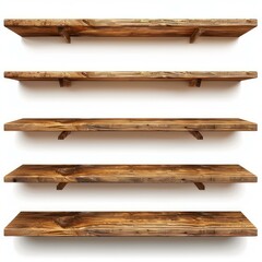 Poster - Five empty rustic wooden shelves are ready for displaying items, creating a warm and inviting atmosphere