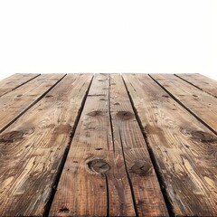 Poster - Rustic wooden table top view isolated on white background, showcasing rough planks and wood grain