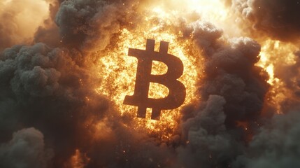 Aufkleber - Bitcoin cryptocurrency symbol burning in flames and smoke, suggesting financial crisis, market crash, inflation, or investment risk