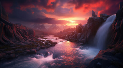 Poster - Stunning Mountain Sunset with Waterfall