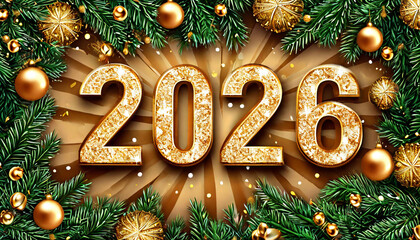 Wall Mural - New Year banner, Happy New Year 2026 poster , Christmas balls, New Year tree on a golden background, cool illustration