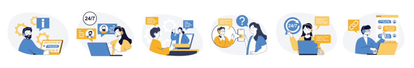 Poster - Call center concept set in flat web design. Collection with people answering calls in helpline and online messages, consulting clients in support service. Vector illustrations on white background.