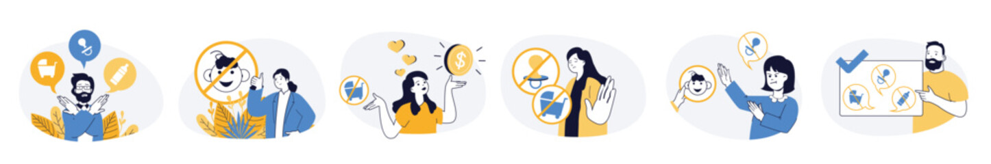 Poster - Childfree by choice concept set in flat web design. Collection with people make decision not to have children and develop career, thinking lifestyle options. Vector illustrations on white background.