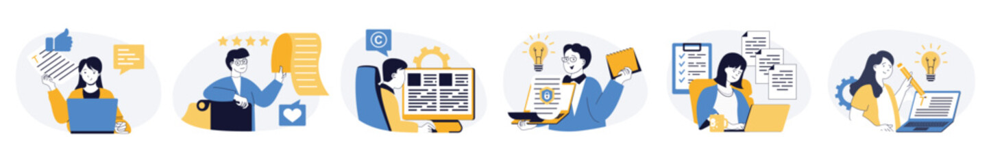 Aufkleber - Copywriter concept set in flat web design. Collection with people working as online journalists, writing articles and information posts in social media. Vector illustrations on white background.