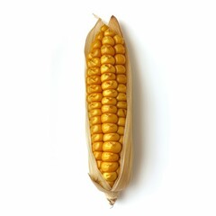 Poster - Close up of a ripe corn cob, partially husked, revealing rows of golden kernels, isolated on a white background