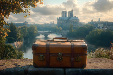 Wall Mural - in soft morning light of a sunny day, a wide-angle view of a vintage peaceful scenic landscape unfol