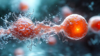 Poster - Two interconnected glowing cells in a photorealistic, vibrant representation of cell division and molecular interaction