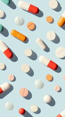 Poster - Colorful pills and capsules are arranged on a light blue background, casting shadows that create a visually appealing pattern related to the pharmaceutical industry, medicine, and healthcare
