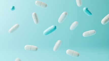 Poster - White and light blue pills falling against a turquoise background, creating a dynamic visual representation of medicine, healthcare, and pharmaceutical concepts