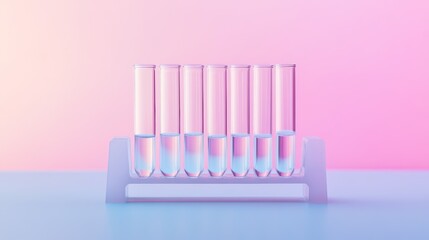 Poster - Several test tubes filled with blue liquid are neatly arranged in a rack, set against a vibrant pink and blue backdrop, creating a striking visual representation of scientific research and analysis