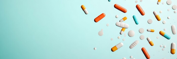 Poster - Assorted pharmaceutical pills and capsules in various shapes and colors are spread out on a light blue surface, creating a vibrant and dynamic composition related to medicine and healthcare