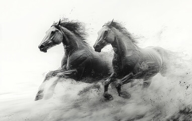 Two horses running in the sand, one is in the foreground and the other is in the background