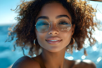 Wall Mural - At sunrise on a sunny summer day, a vibrant and attractive afro-american girl is seen on a luxurious yacht, with a wide-angle view capturing panoramic expanse of sparkling ocean, as she exudes confid
