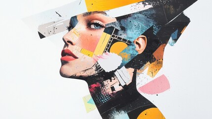 Poster - Abstract portrait art with vibrant colors and geometric shapes featuring a woman's face and artistic brush strokes