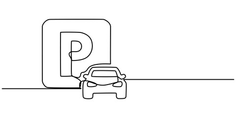 parking continuous line one drawing pro vector illustration, Parking icon one line vector. Drawing of a car parking sign contour black line vector. Outline parking line vector. Vector illustration.   