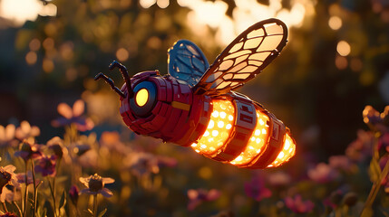 Robotic bee in flight over flowers at sunset.