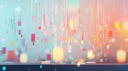 Poster - Abstract digital art featuring colorful floating squares and glowing lights in a dreamy, ethereal atmosphere