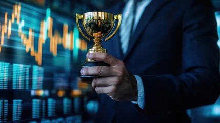 Poster - Business Success Symbolized by Golden Trophy Held by Professional in Suit Against Digital Financial Background
