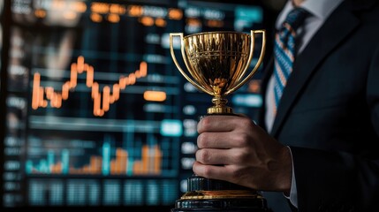 Poster - Handsome Businessman Holding Golden Trophy in Front of Digital Financial Chart Screen