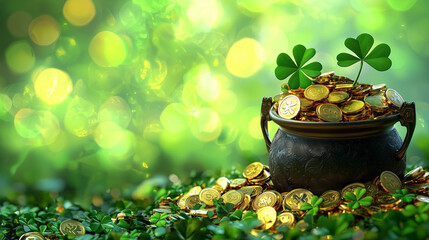 Pot of gold with clovers in a festive St Patrick's Day setting