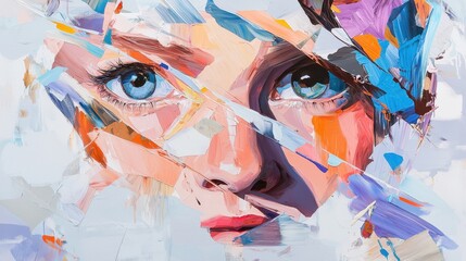 Poster - Bright Artistic Portrait of a Young Girl with Striking Blue Eyes and Colorful Abstract Background
