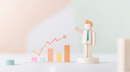 Poster - Businessman Figurine Presenting Growth Chart with Colorful Bars and Line Graph in Soft Pastel Background