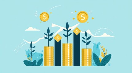 Poster - Growth of Investment with Coins and Plants Representing Financial Success and Prosperity in Modern Illustration