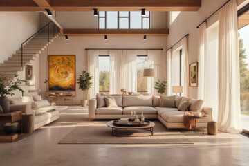 Wall Mural - A photo of modern livingroom interior design: A living room filled with furniture and a staircase.