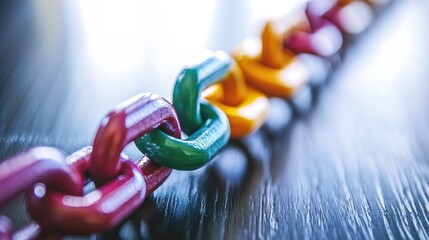 Poster - Close-Up View of Colorful Plastic Chain Links on a Dark Wooden Surface with Soft Light Effects