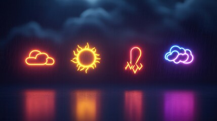 Wall Mural - minimalist weather icons featuring sun, rain, clouds, lightning, clean design, vibrant colors, moder