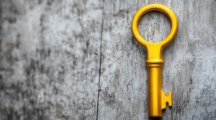 Poster - Golden Key on Rustic Wooden Background Creating an Interesting Contrast with Textured Surface and Unique Color Palette
