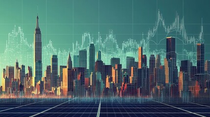 Poster - Futuristic Cityscape with Stock Market Data Visualization Overlay in Urban Setting at Sunset