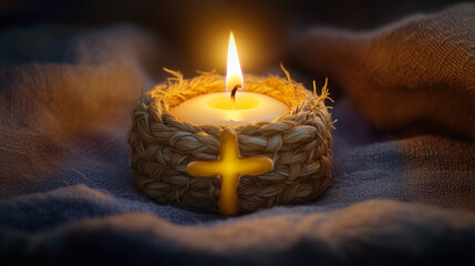 Wall Mural - A glowing candle surrounded by woven Brigid's crosses made of straw, resting on a soft linen cloth