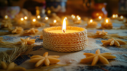 Wall Mural - A glowing candle surrounded by woven Brigid's crosses made of straw, resting on a soft linen cloth