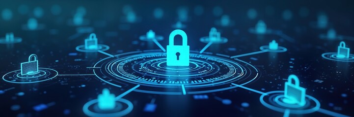 Poster - Futuristic tech illustration shows interconnected security system. Network structure with many digital lock icons. Cybersecurity concept, data protection, privacy. Virtual representation of online