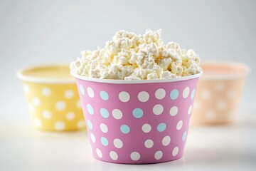 Poster - compact tub of flavored cottage cheese for kids placed on white background with 70 copy space
