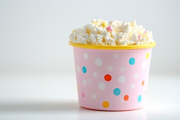 Poster - compact tub of flavored cottage cheese for kids placed on white background with 70 copy space