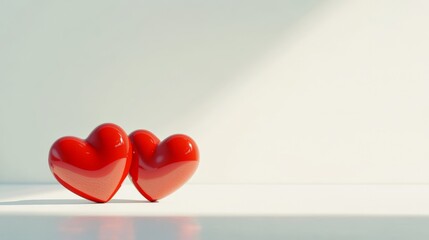 Aufkleber - Two shiny red hearts are standing on a white surface, illuminated by a soft light ray, symbolizing love, affection, and romance, perfect for valentine's day, anniversaries, or declarations of love