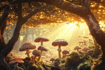 Poster - creative image of mushrooms framed by overhanging branches with soft golden light streaming through forest canopy