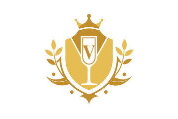 Wall Mural - A sophisticated logo showcases a crown above a glass enclosed in a shield with decorative leaves, Craft a simple and sophisticated logo for a prestigious champagne brand