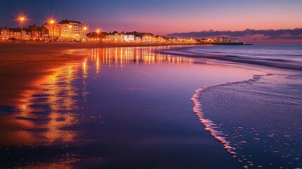 Wall Mural - Coastal City at Twilight: Serene Beachscape with City Lights Reflection