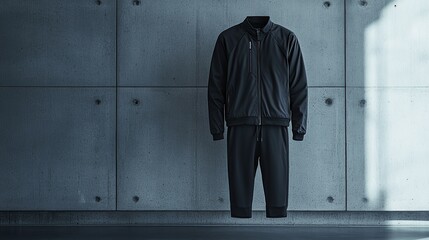 Poster - modern sports jacket paired with slim-fit track pants displayed in minimalistic setting with ample copy space
